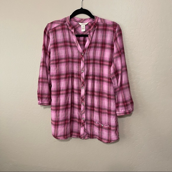 Sundance Pink plaid v neck button down pleated blouse S light dark pink brown - Picture 3 of 10